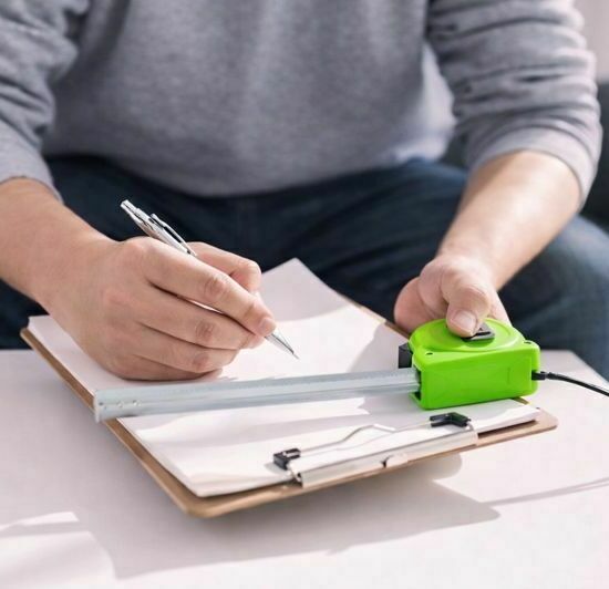 Специалист Карпет Про измеряет и рассчитывает параметры аренды ковров Размеры грязезащитных офисных ковров